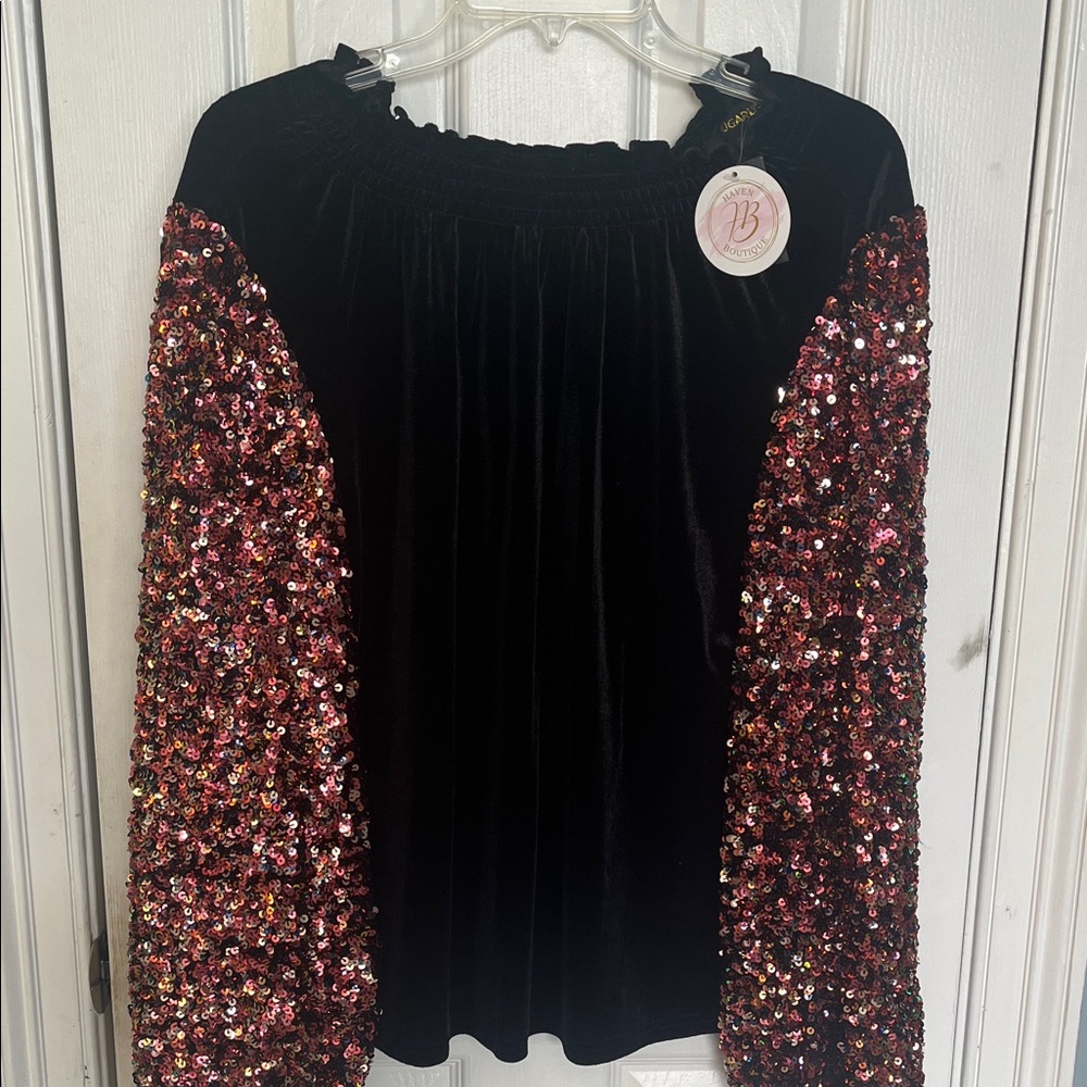 Sugarlips Black Velvet Top with Rose Gold Sequin Sleeves